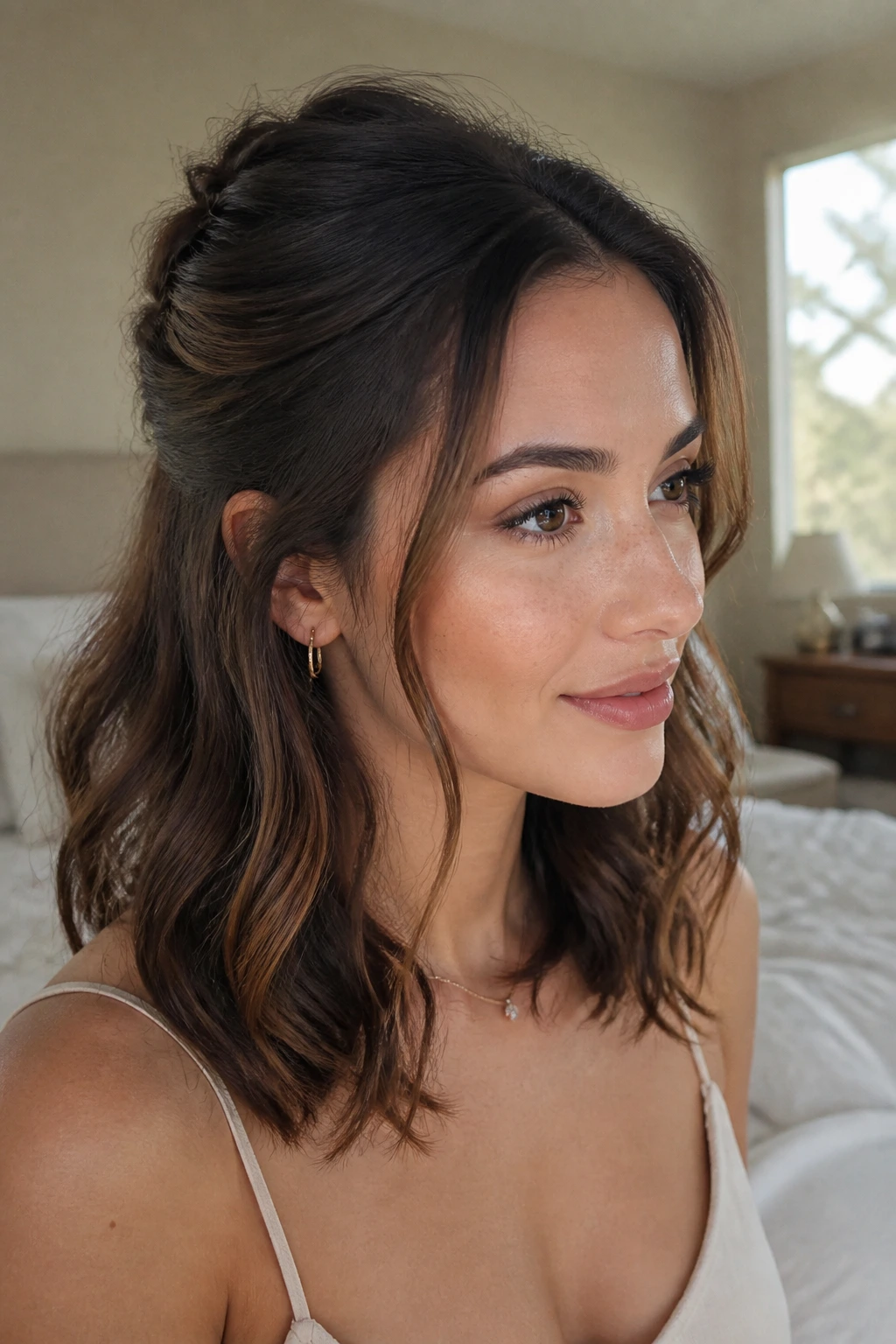 Close-up of a real woman with half-up soft waves that lift the crown, warm window light, natural setting
