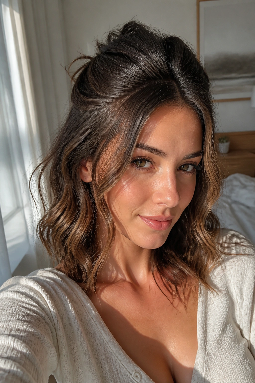 Close-up of a real woman's half-up hairstyle with a crown lift