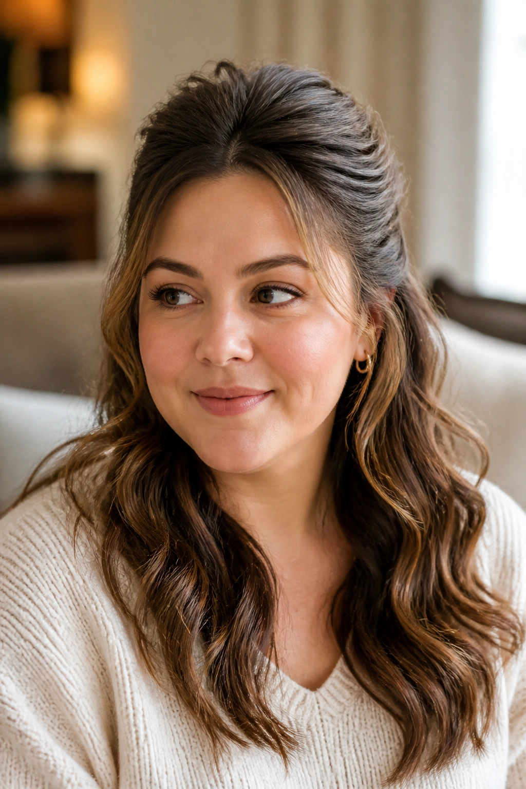 Close-up portrait of a real woman wearing half-up waves with crown volume