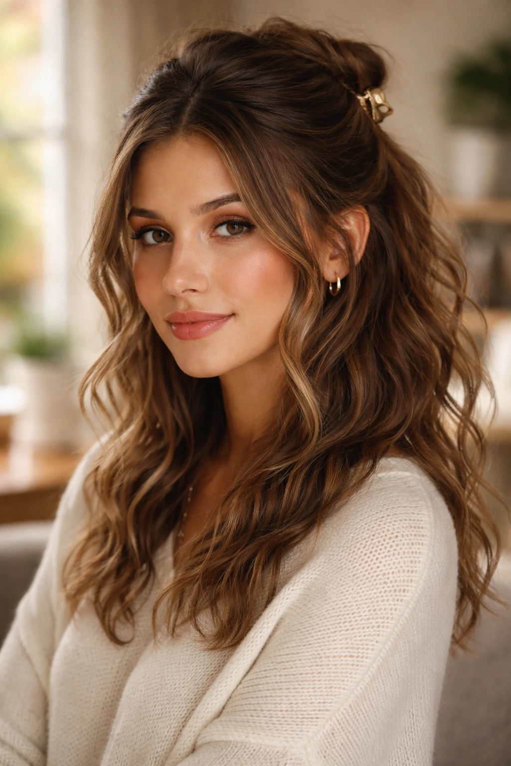 Close-up portrait of a real woman with half-up half-down wavy hairstyle