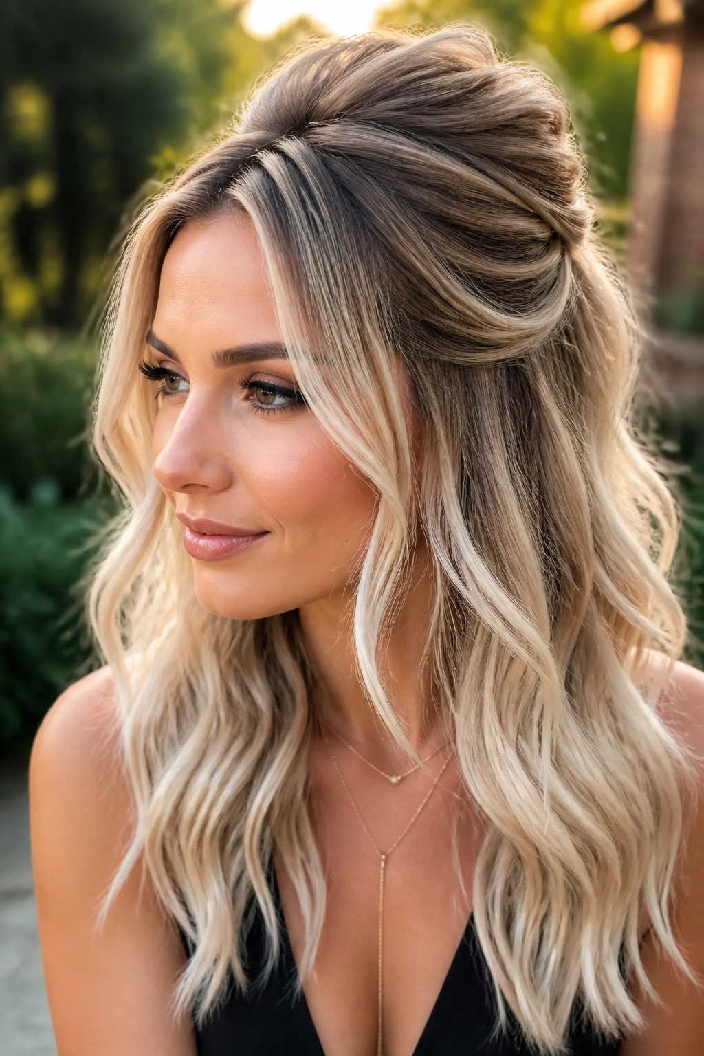 Real woman with half-up waves and platinum ends, crown lifted