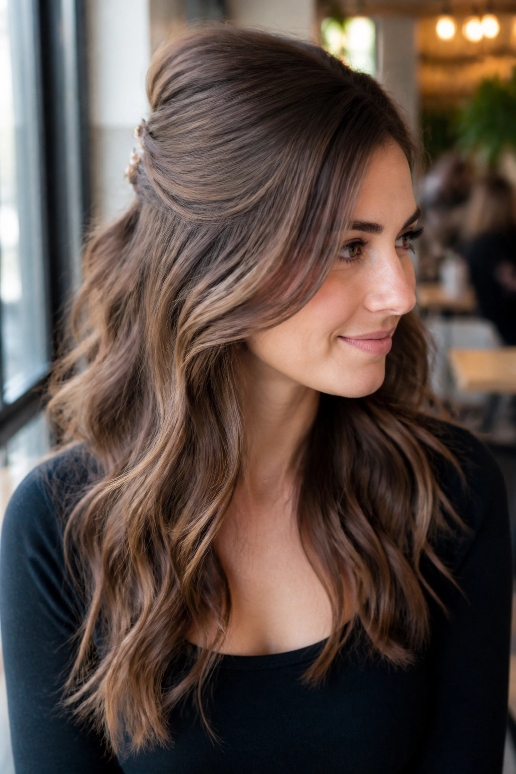 Portrait of a woman with half-up waves and a side part
