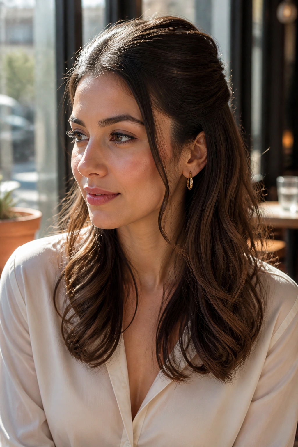 Close-up portrait of real woman with half up waves and sleek top section in sunlit cafe setting