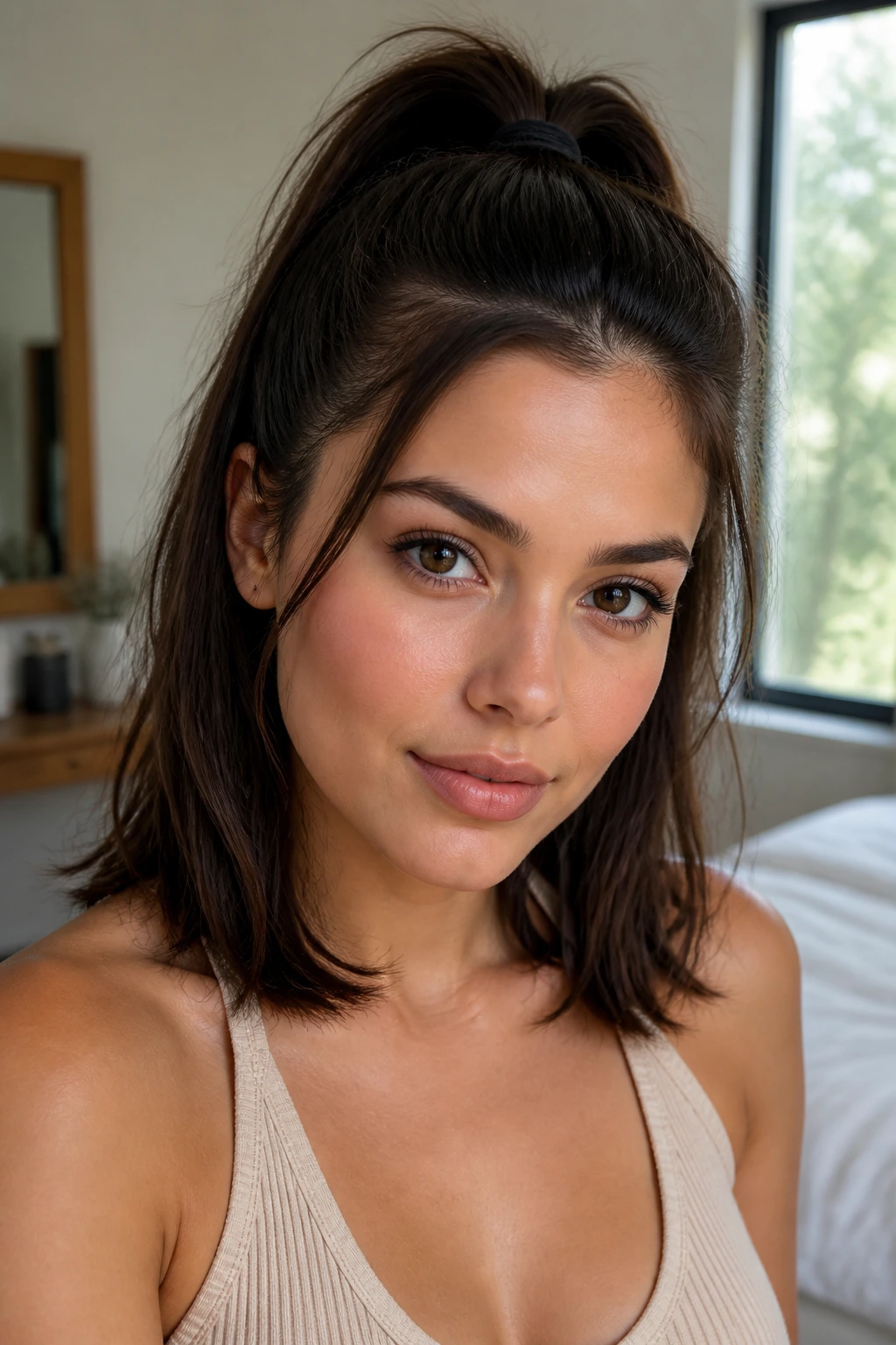 Close-up of a real woman with a half-up ponytail and soft ends.