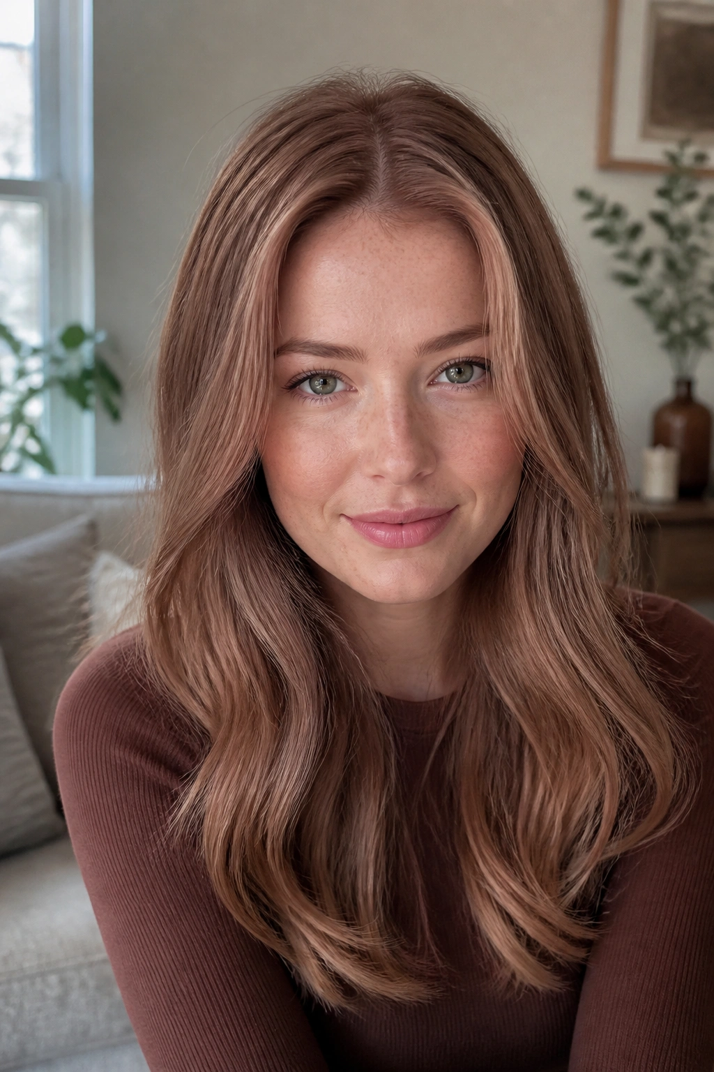 Close-up of a real woman with halo auburn blonde highlights around the crown.