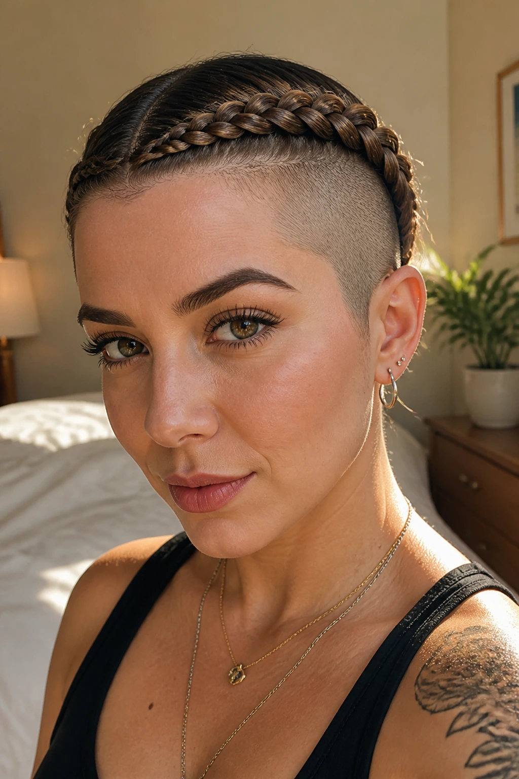 Portrait of a real woman wearing halo braid over a buzzed underlayer