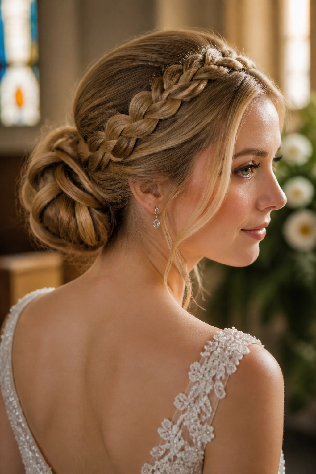 Halo braid framing face cascading into a bun on a real bride