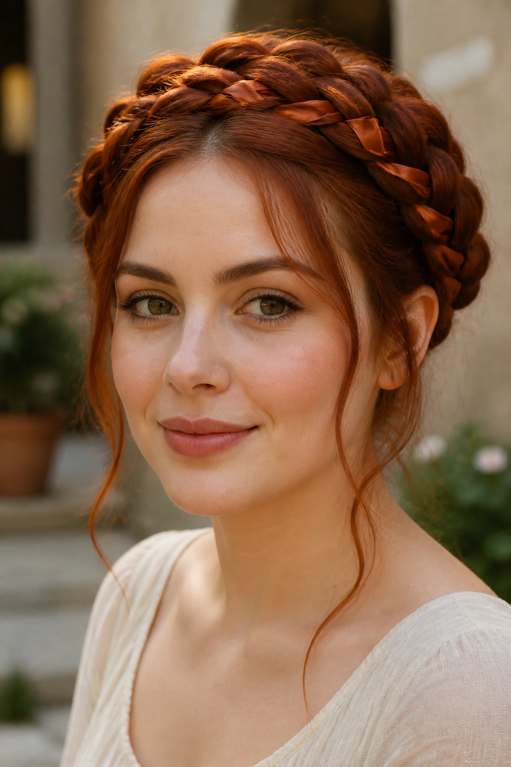 Real woman wearing a halo braid with copper ribbons