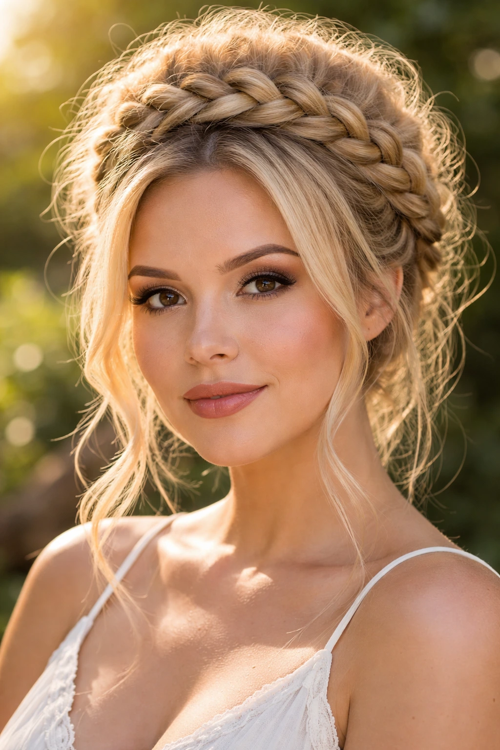 Close-up of a real woman with a high halo braid around her head in a garden setting