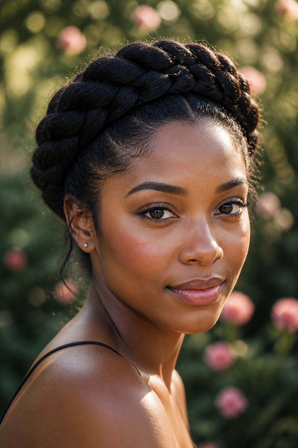 Close-up of a real woman with a halo braid crown in a garden setting