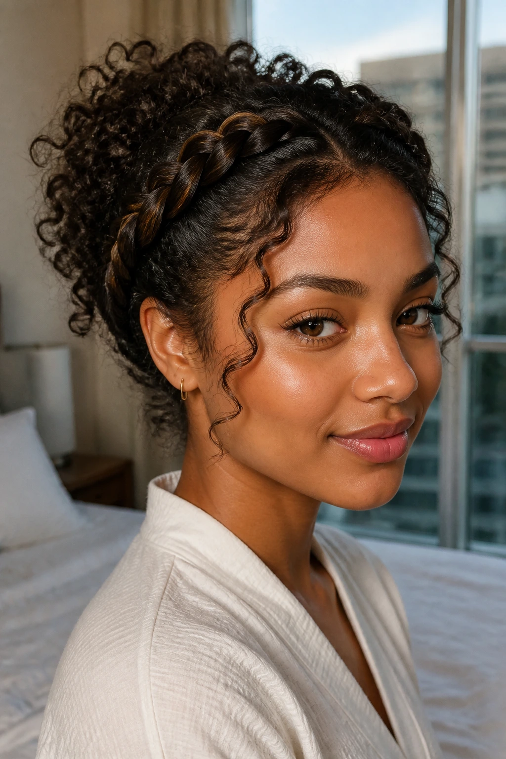 Close-up of a real person with halo braid and free curls around face