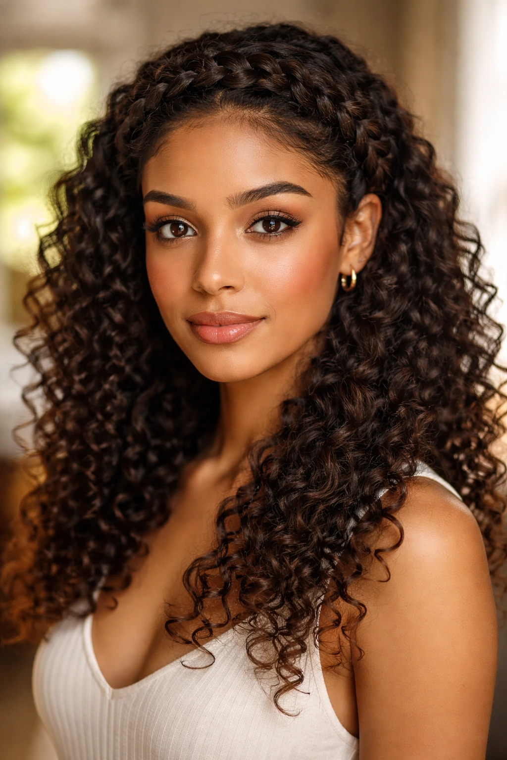 Close-up of a real woman with halo braid and curls left out