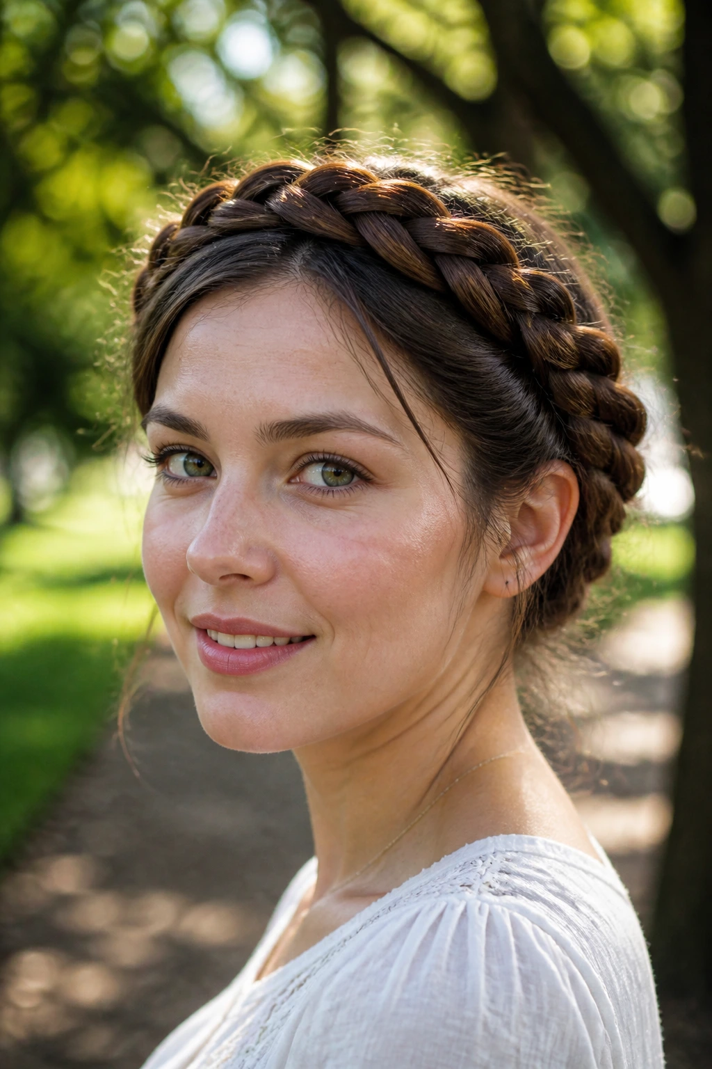 Close-up of a real woman with a halo braid around the head in park light