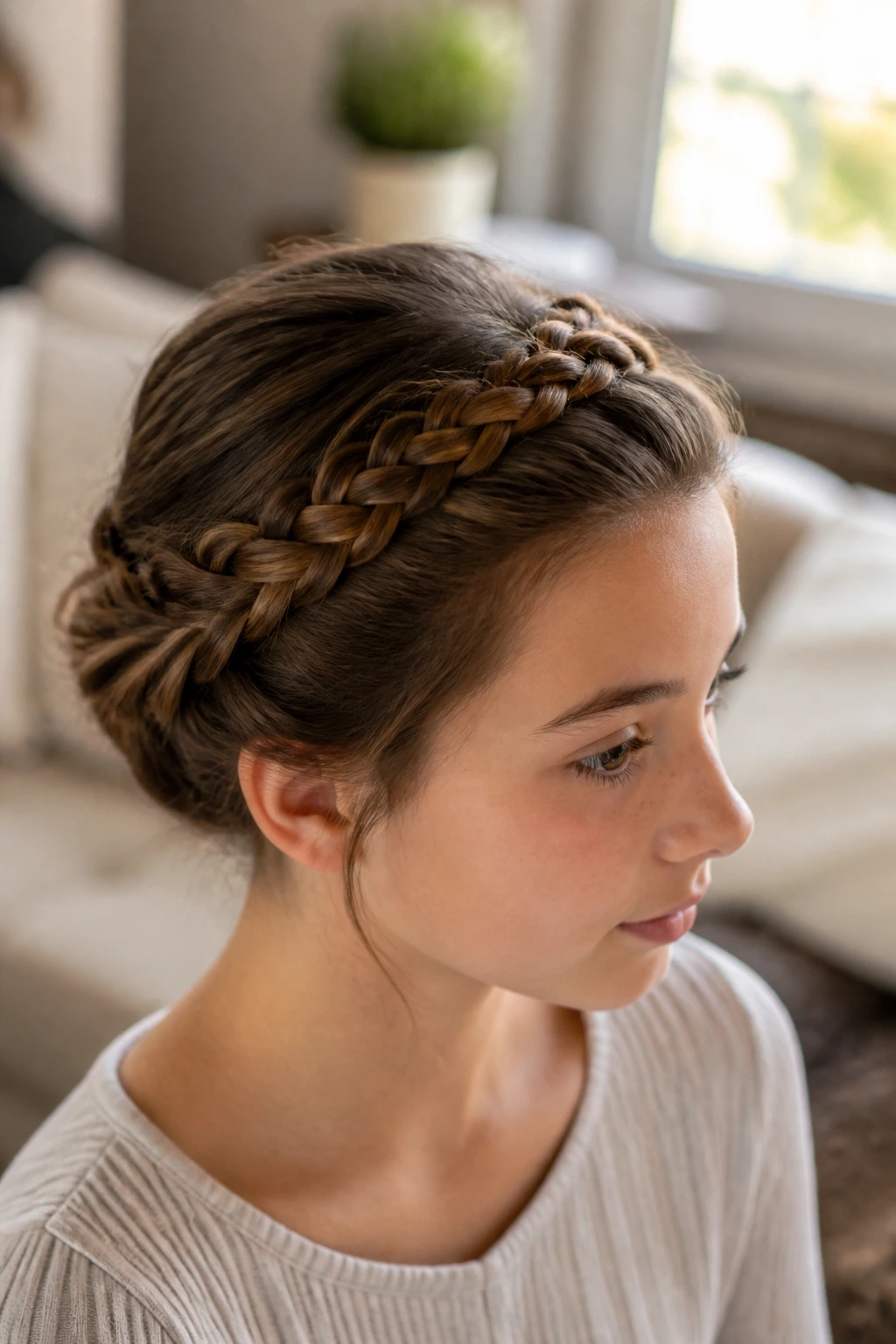 Portrait of a real girl with a halo braid around the head.