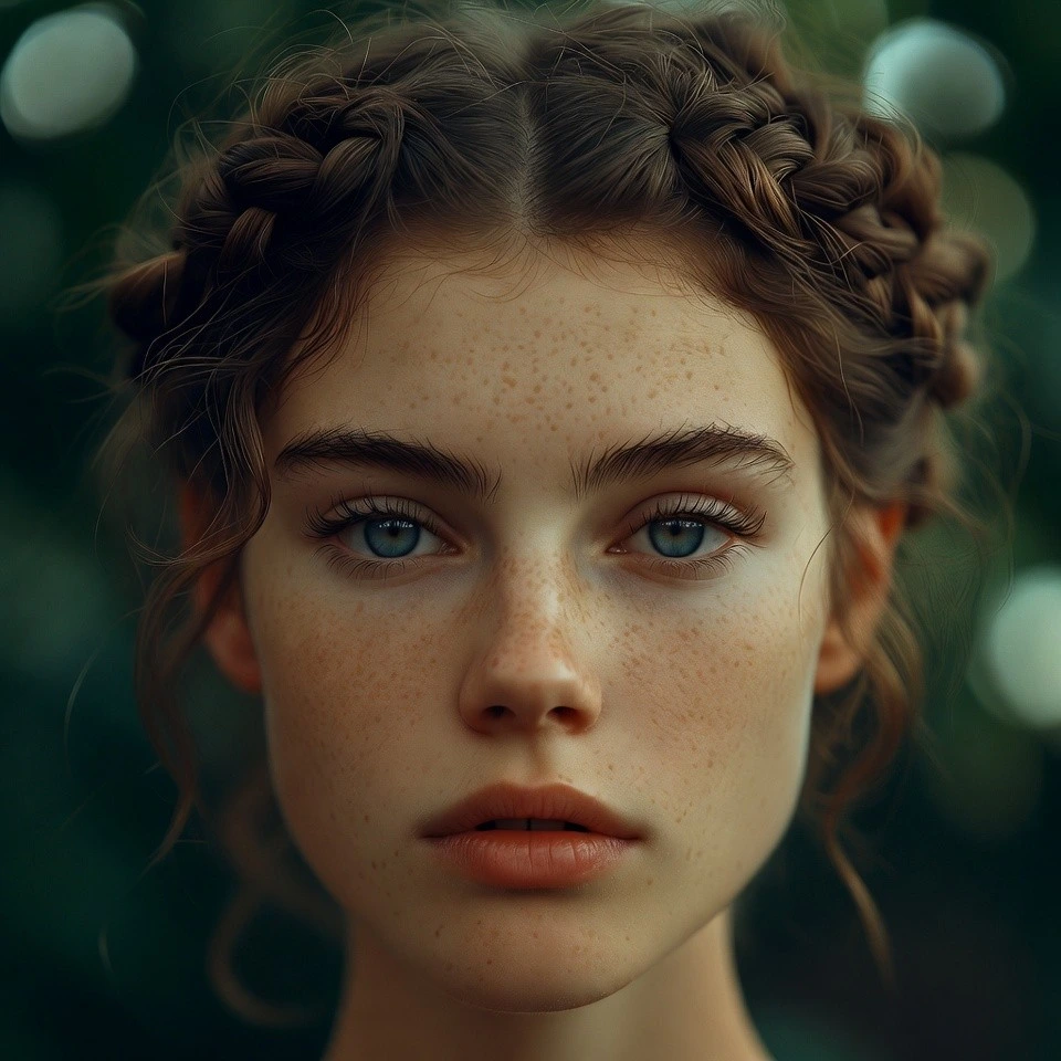 Close-up of a real woman wearing a halo braid around her head in an outdoor garden setting.