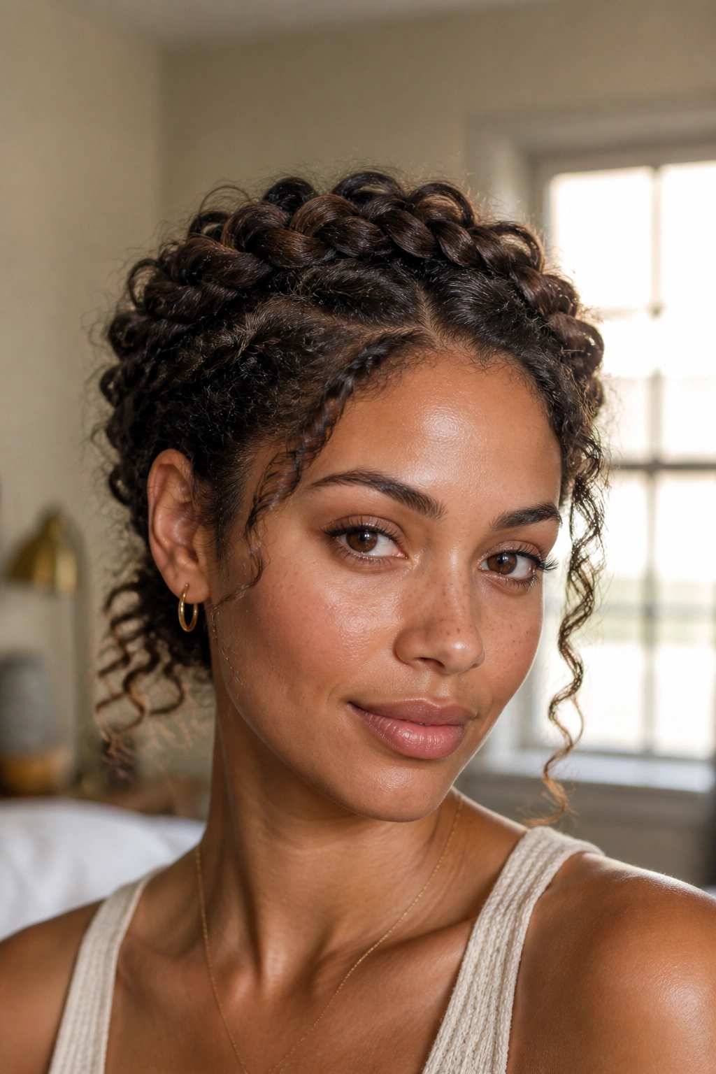 Close-up of a real woman with a halo braid around the hairline