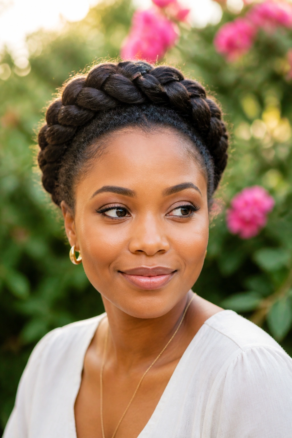 Close-up of a woman with halo braid and lifted crown.