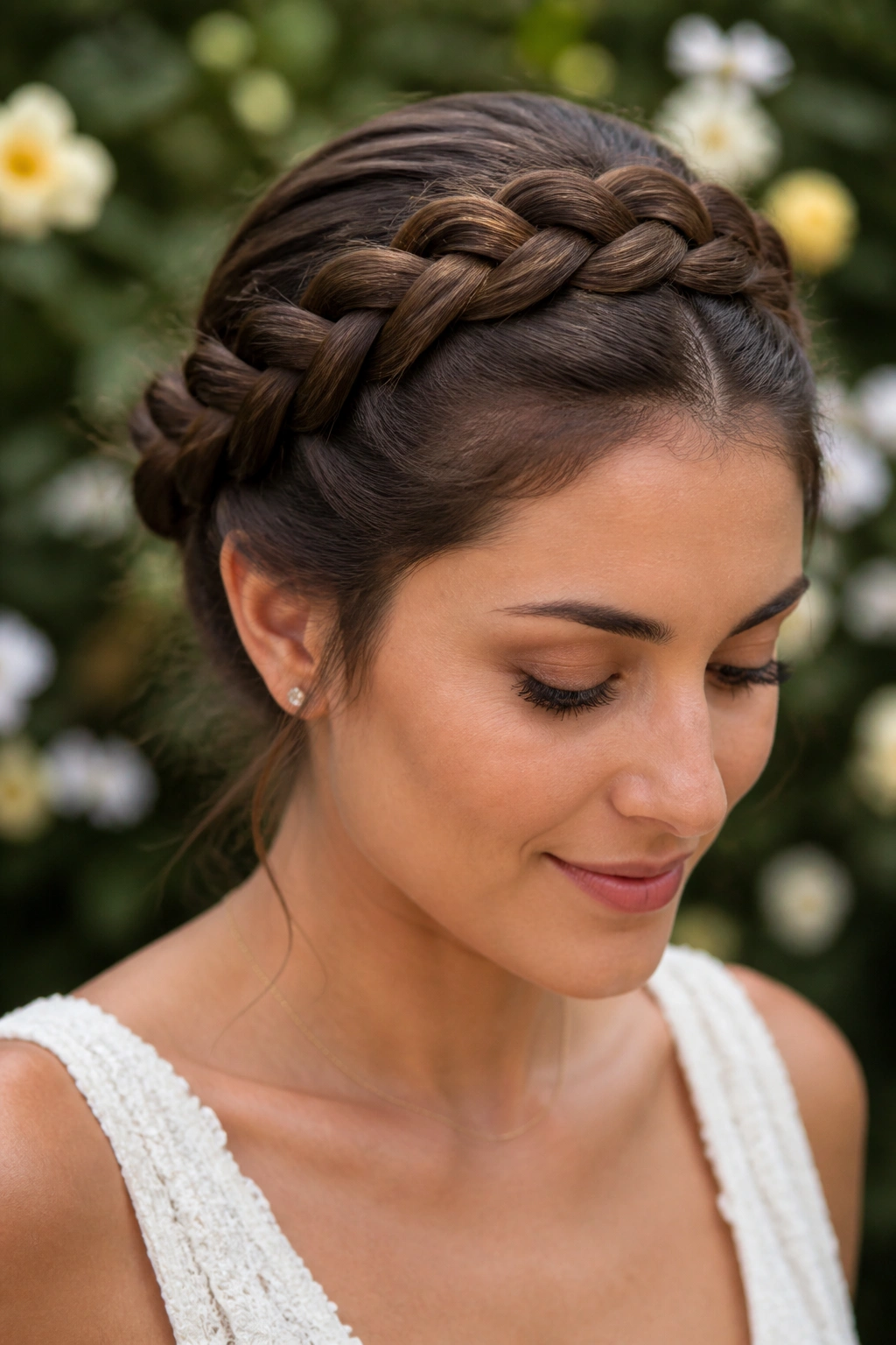 Close-up portrait of a woman wearing a halo braid around her head.