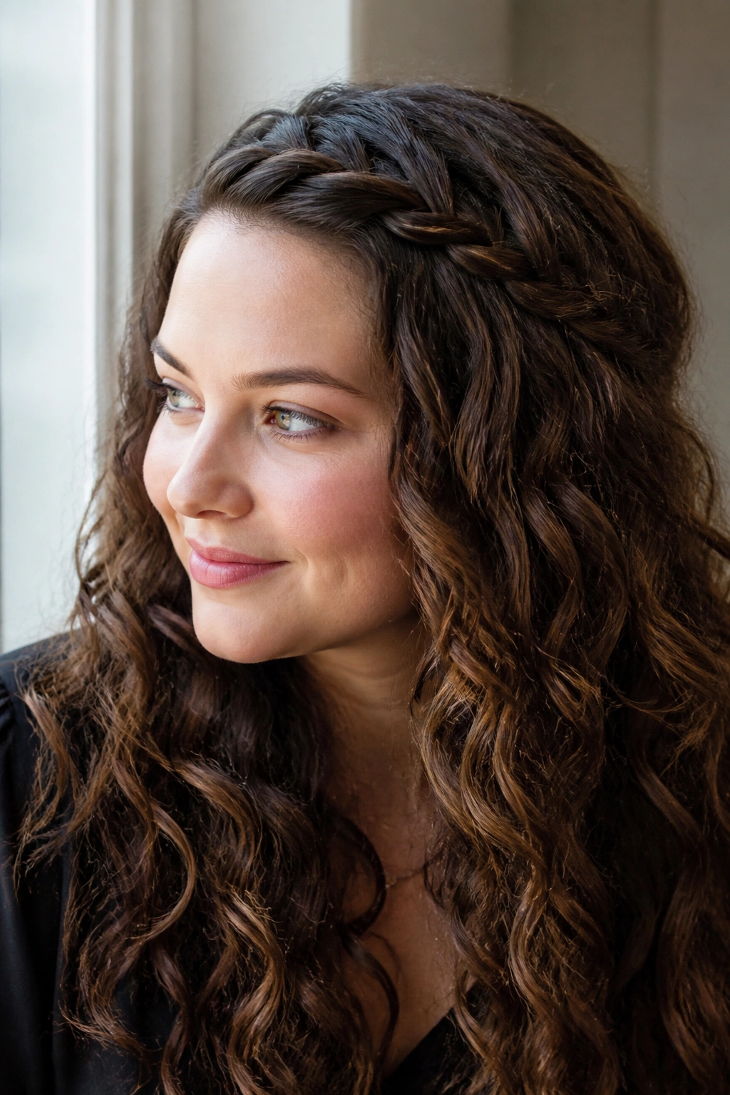 Portrait of a woman with a halo braid accent on loose curls framing her face