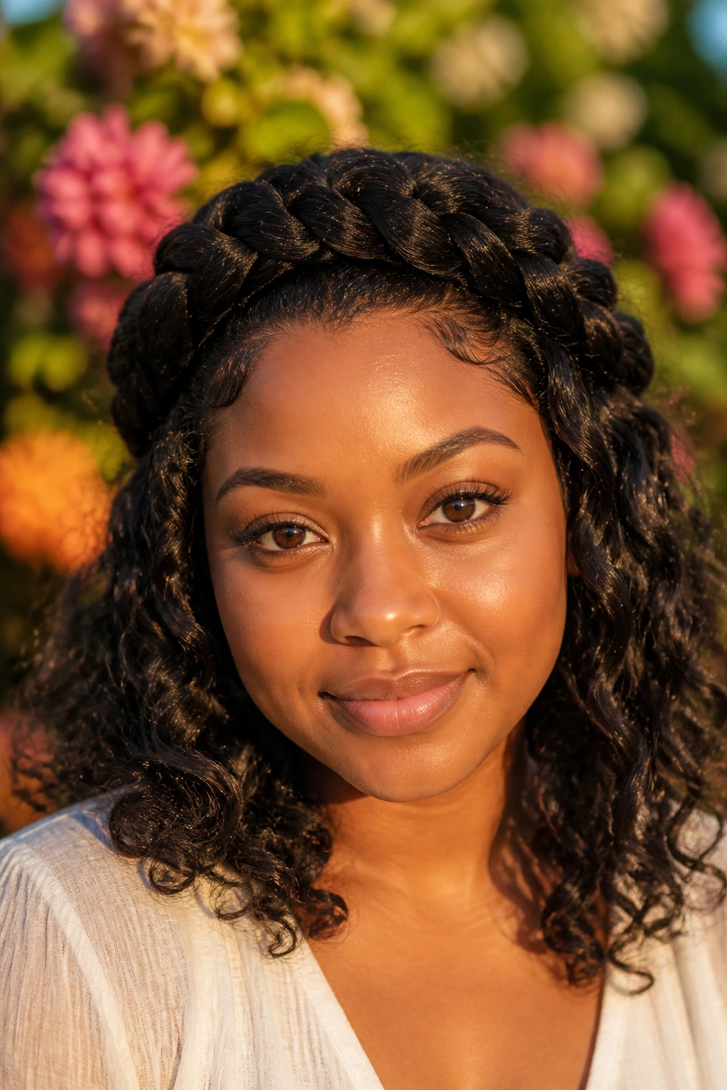 Close-up of a real person with a halo braid and loose curls outdoors at golden hour