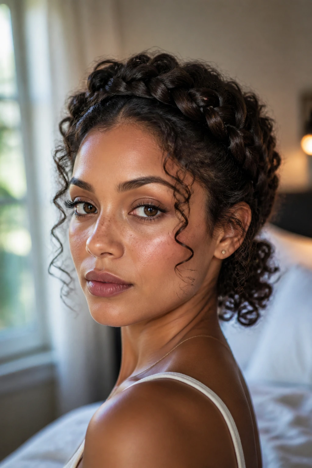 Close-up portrait of a woman with halo braid and loose curls