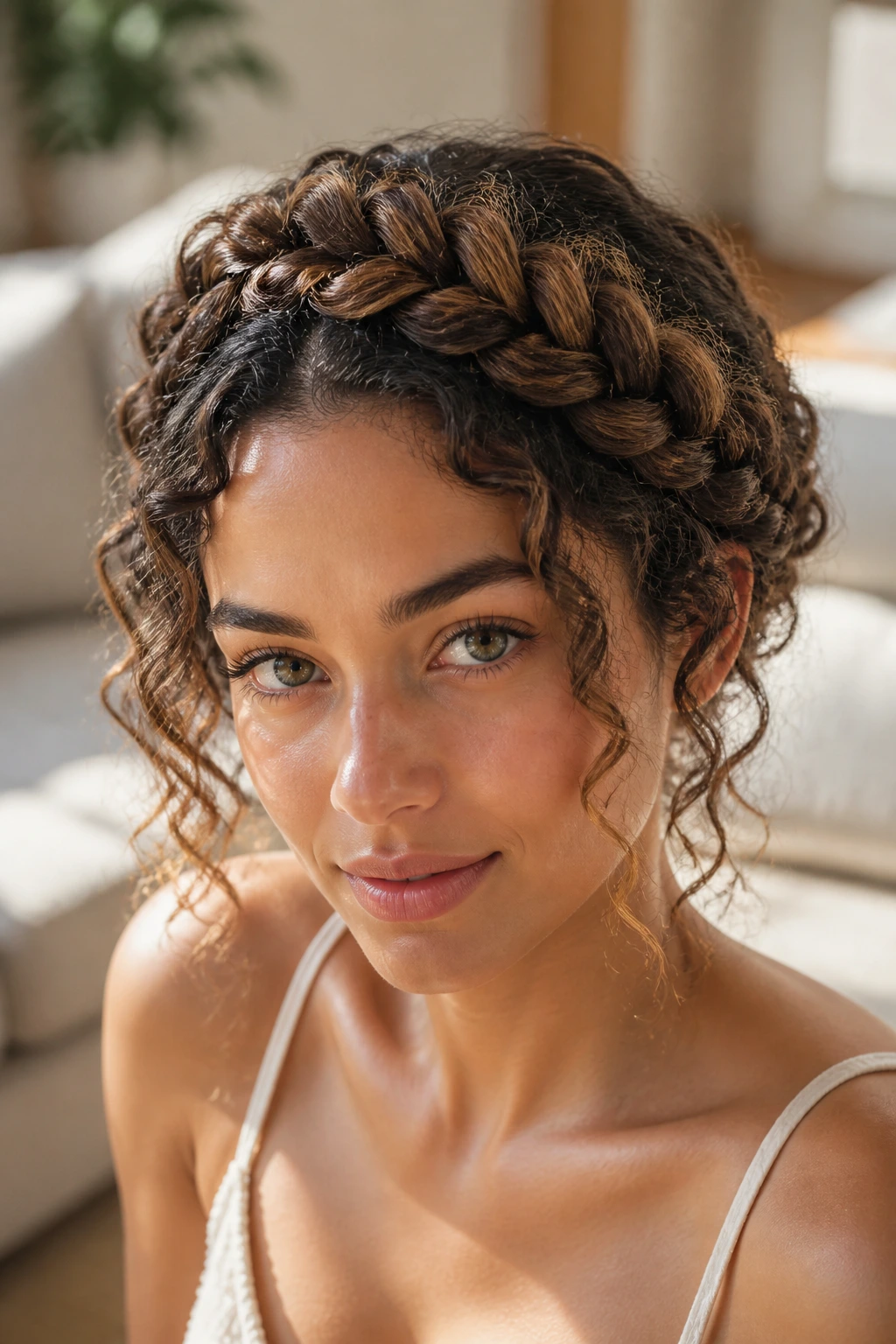 Close-up of halo braid with loose curly ends on a real person in warm light