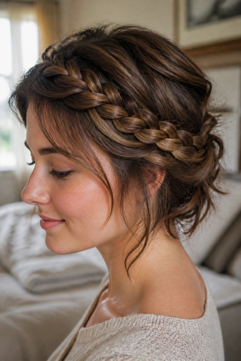 Close-up of a real woman with a halo braid framing the head and a loose nape finish