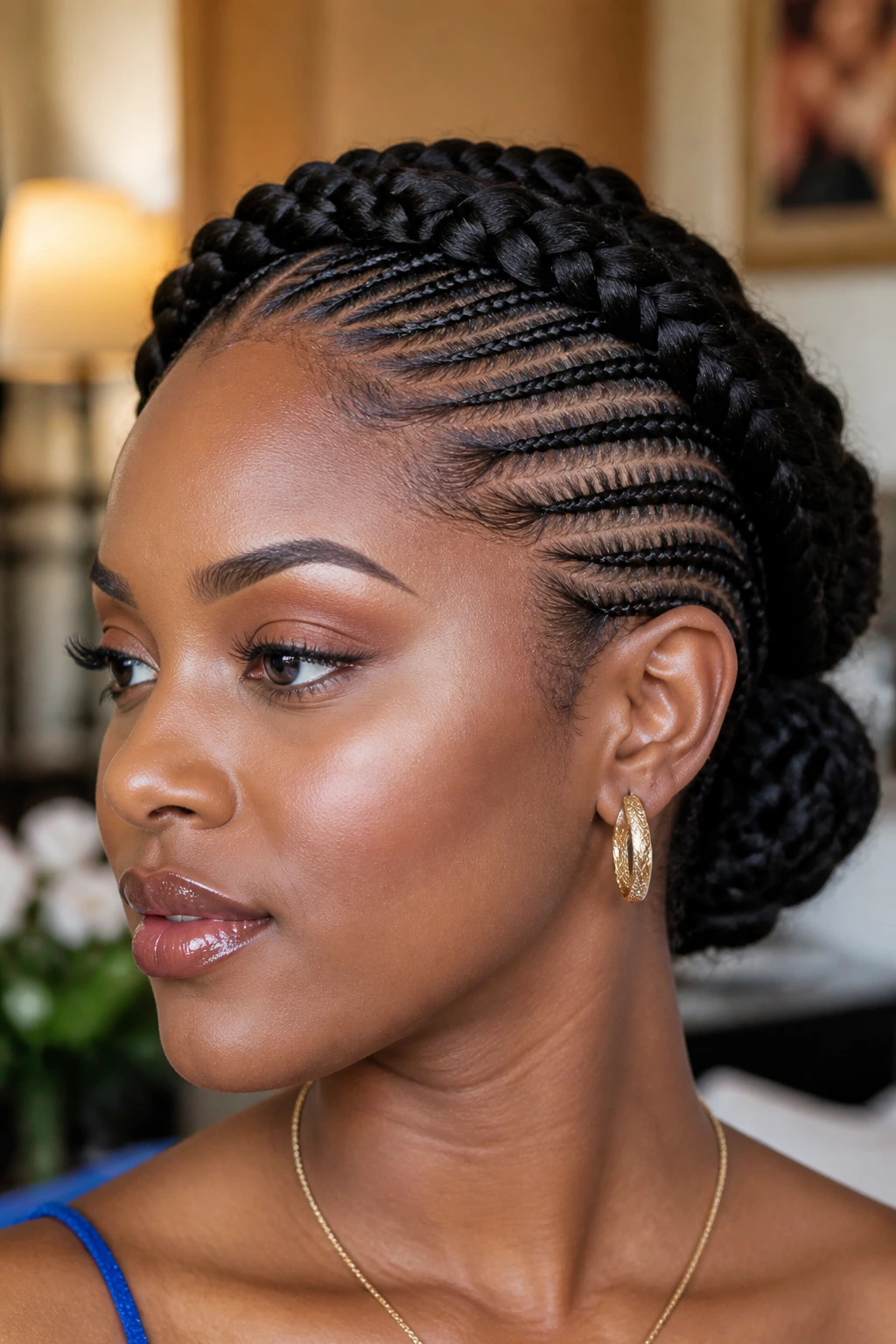 Real woman with braided halo across hairline and side cornrows