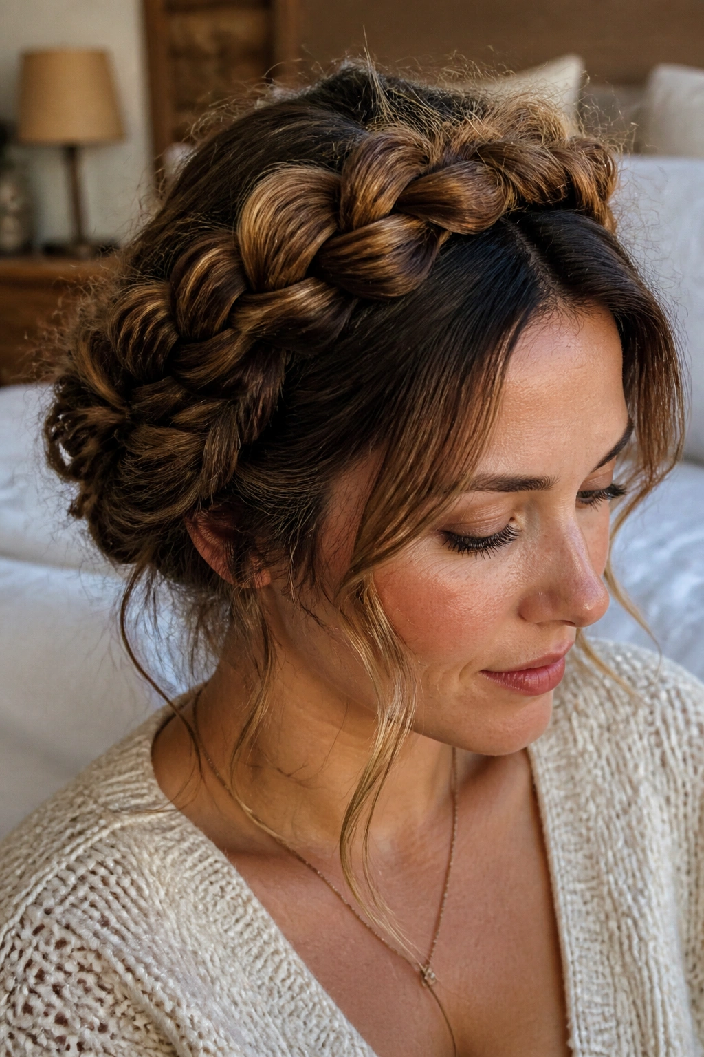 Close-up of a real woman with a halo braid crown and thick waves.