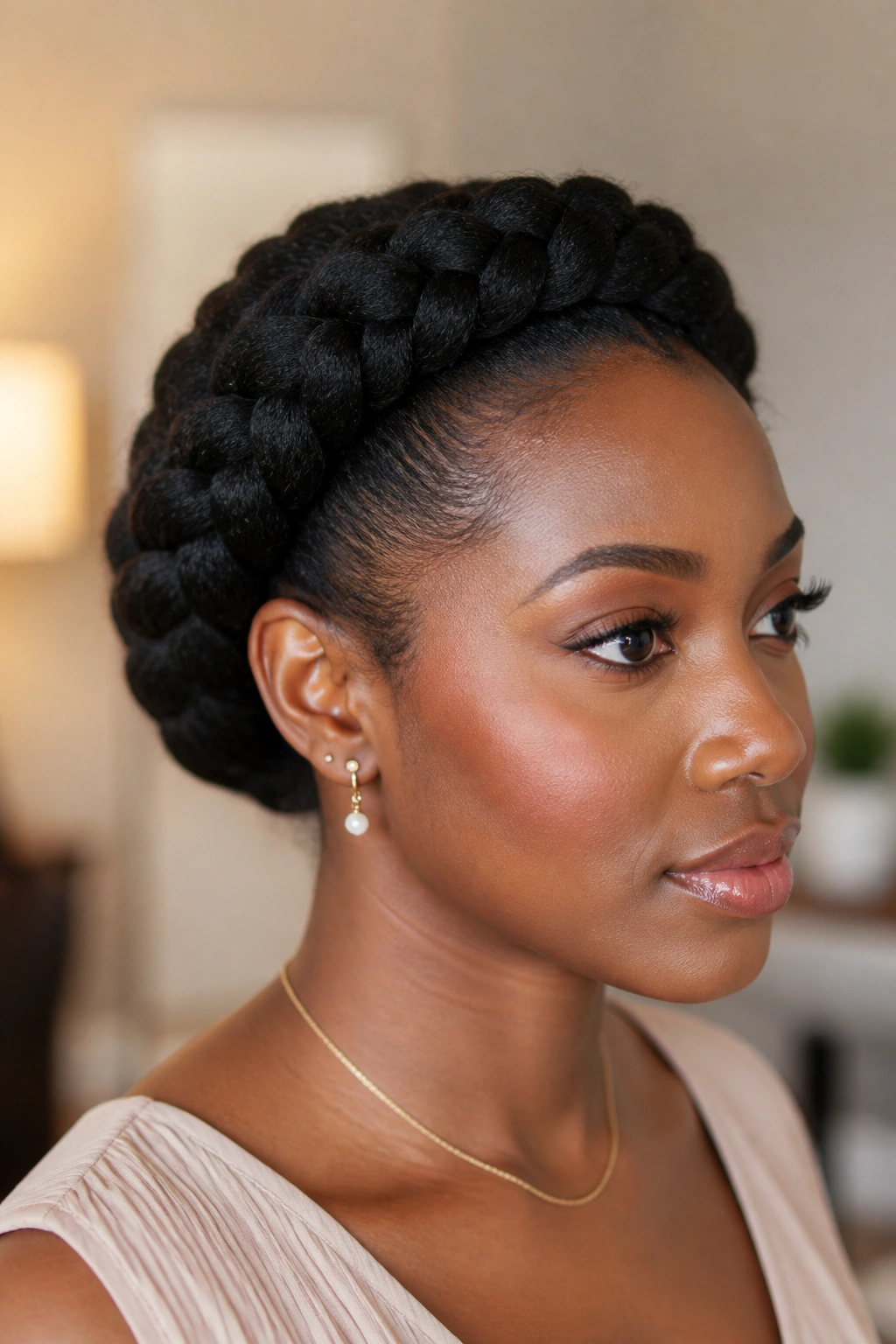 Real person wearing halo braid with tucked ends