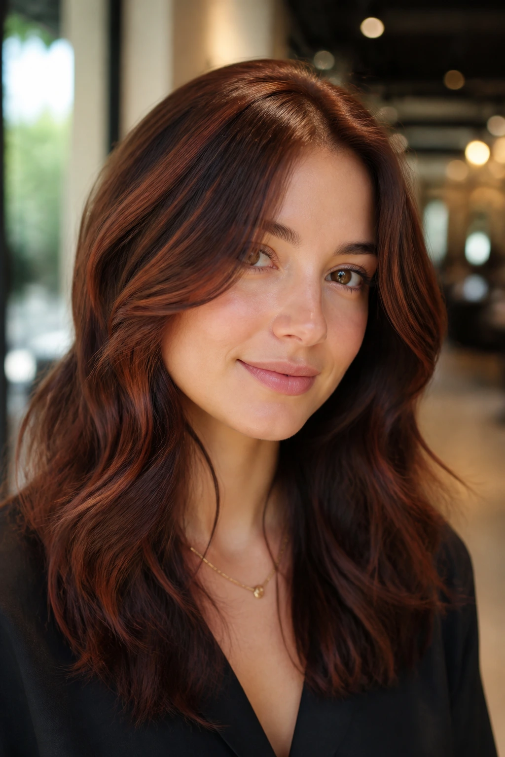 Close-up portrait of a real woman with cherry brown halo highlights around the crown