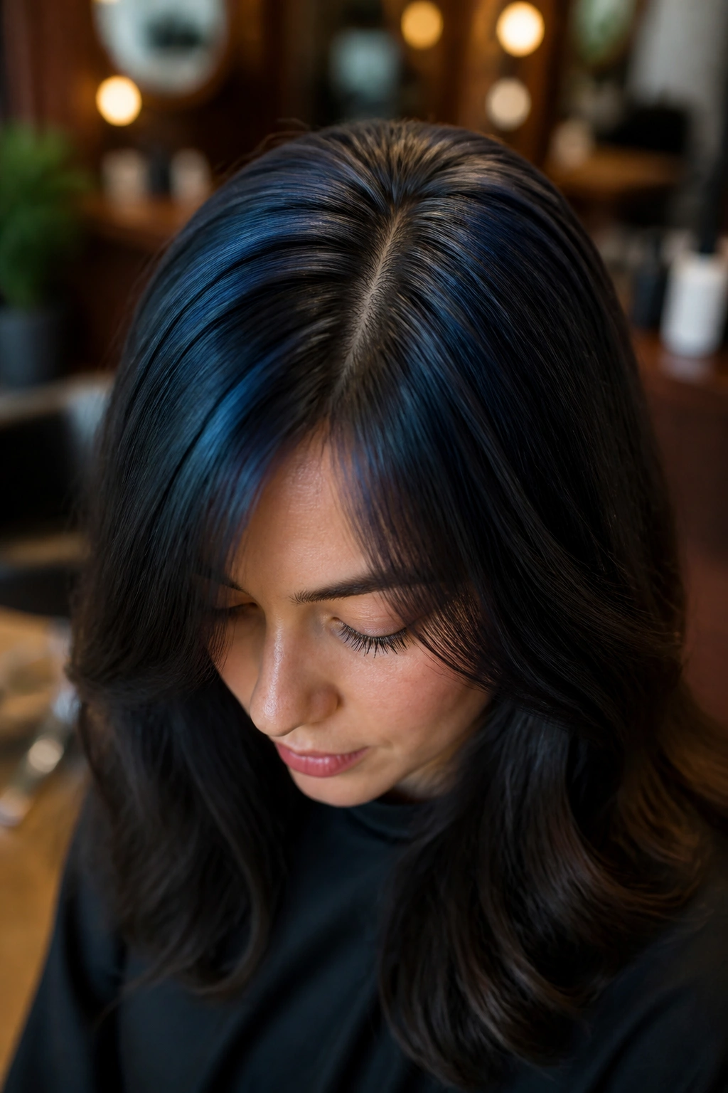 Top-down view of a real woman's crown with a subtle halo of blue-black highlights.