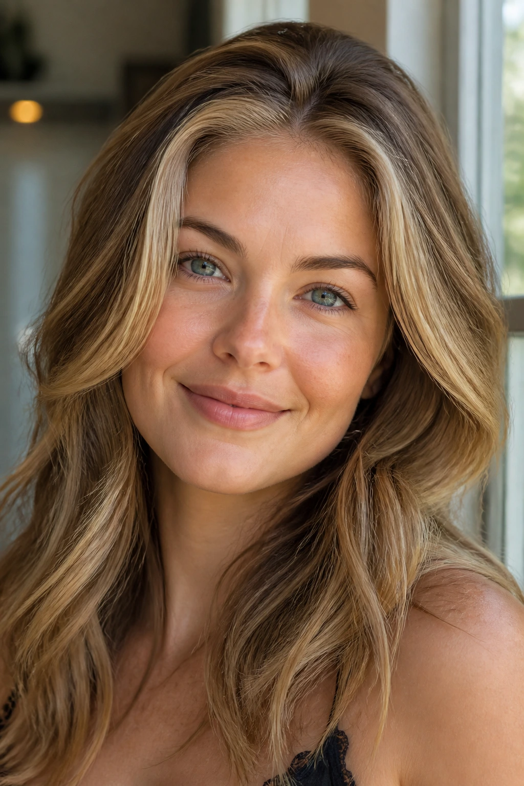 Close-up of a real woman with delicate halo highlights along the hairline