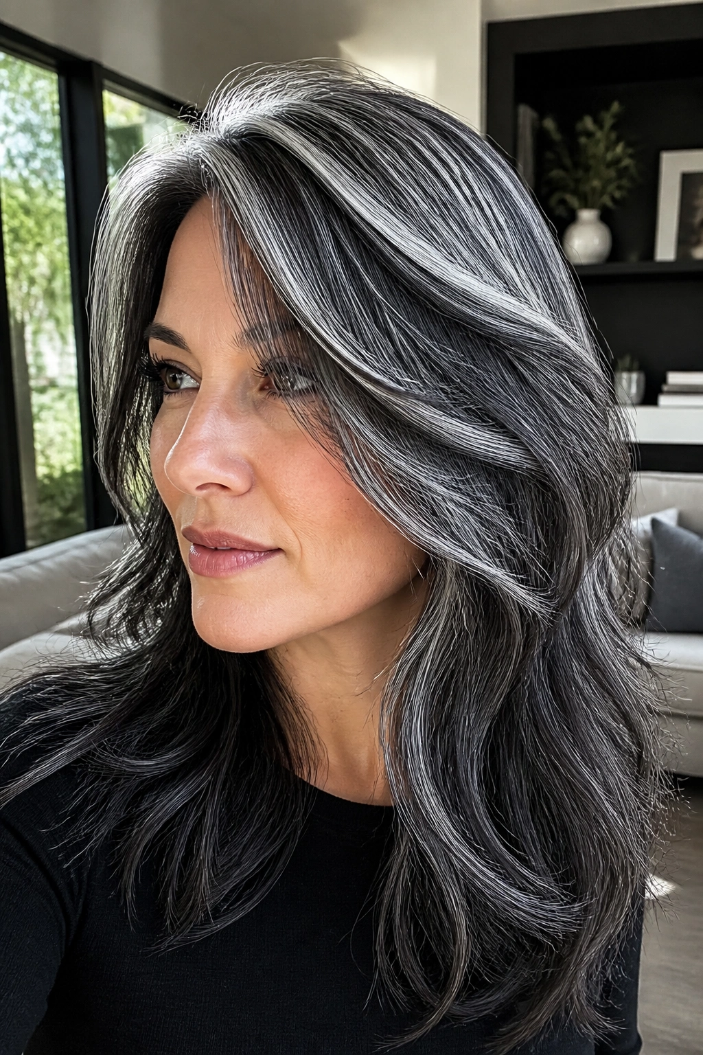 Close-up of real person with white-silver halo highlights on dark base hairstyle