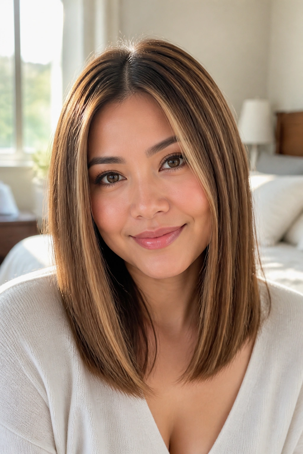 Close-up portrait of a real woman with honey halo highlights on straight midlength hair
