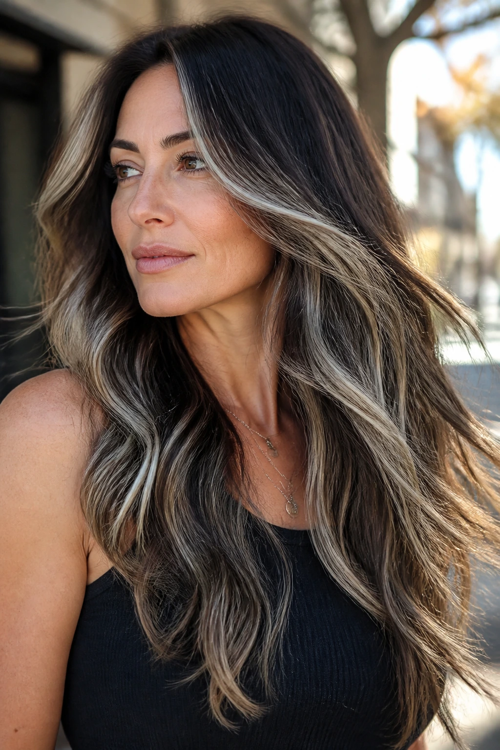 Long layered brown hair with halo lights around the outer layers in natural outdoor light.