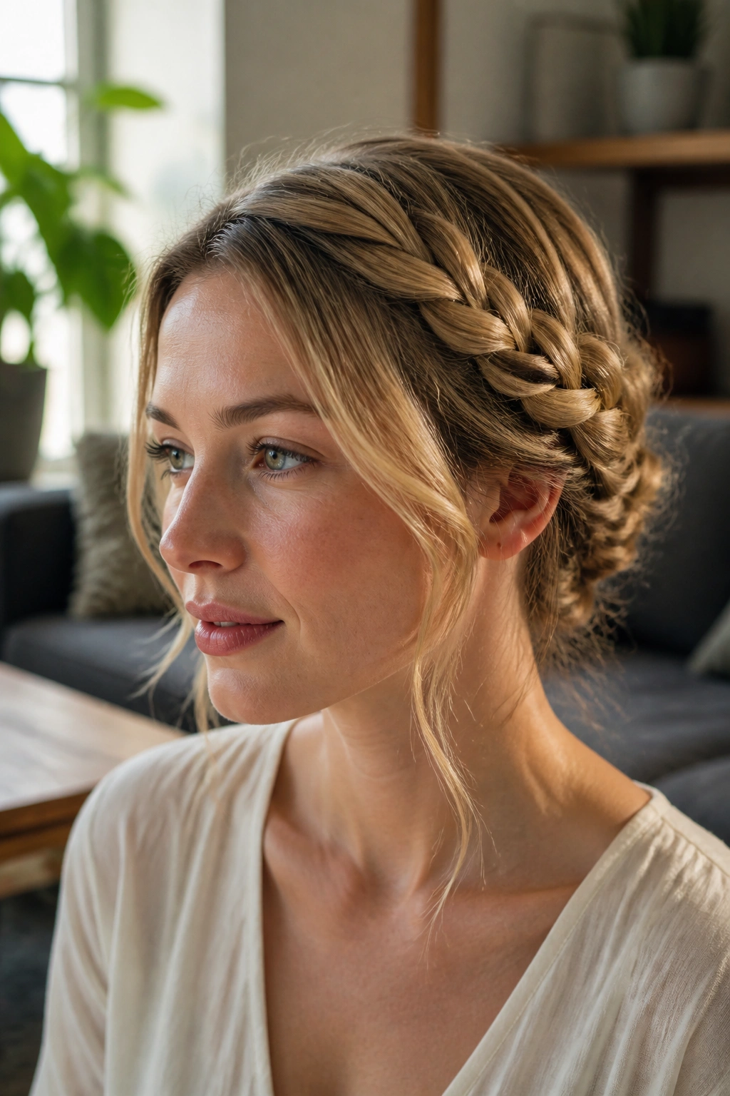 Close-up portrait of woman with soft halo twist hairstyle