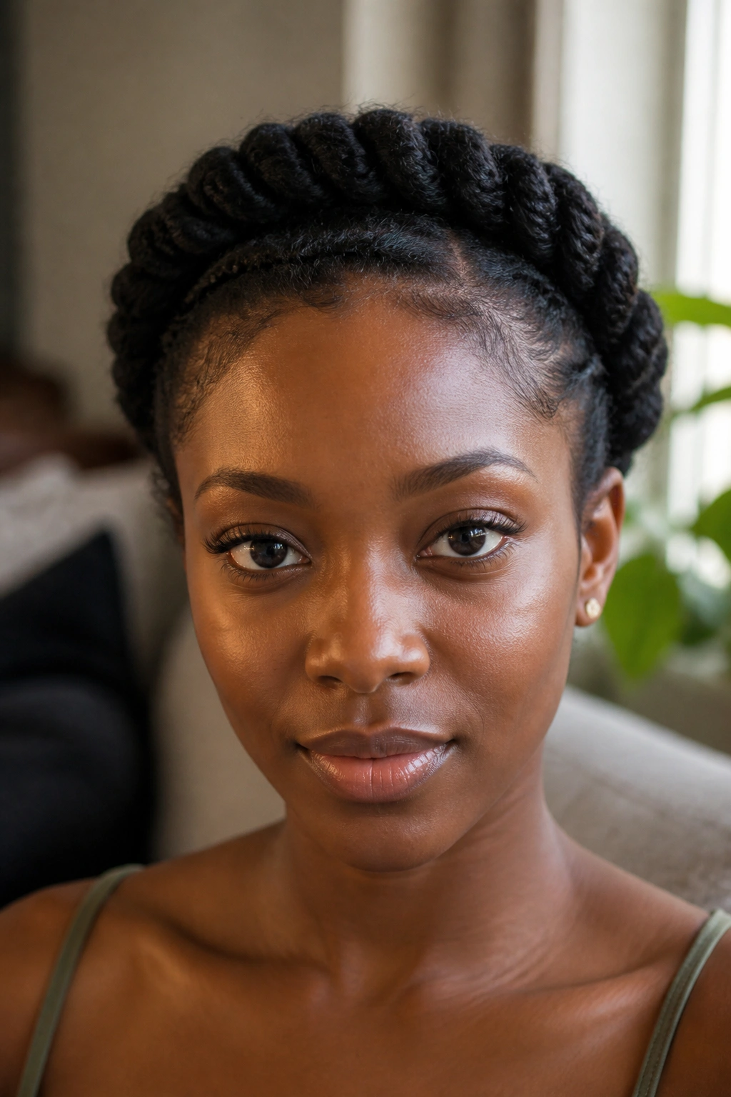 Close-up of halo twist crown hairstyle on a real person