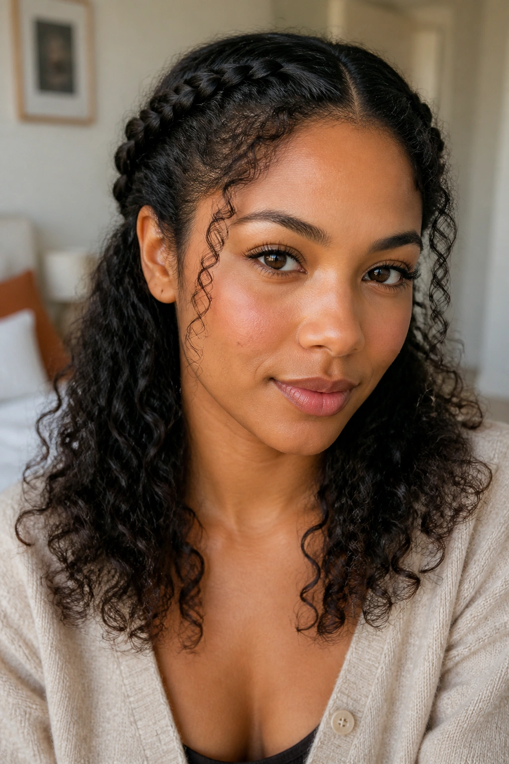 Close-up of a real woman with halo twists and loose curls at the back