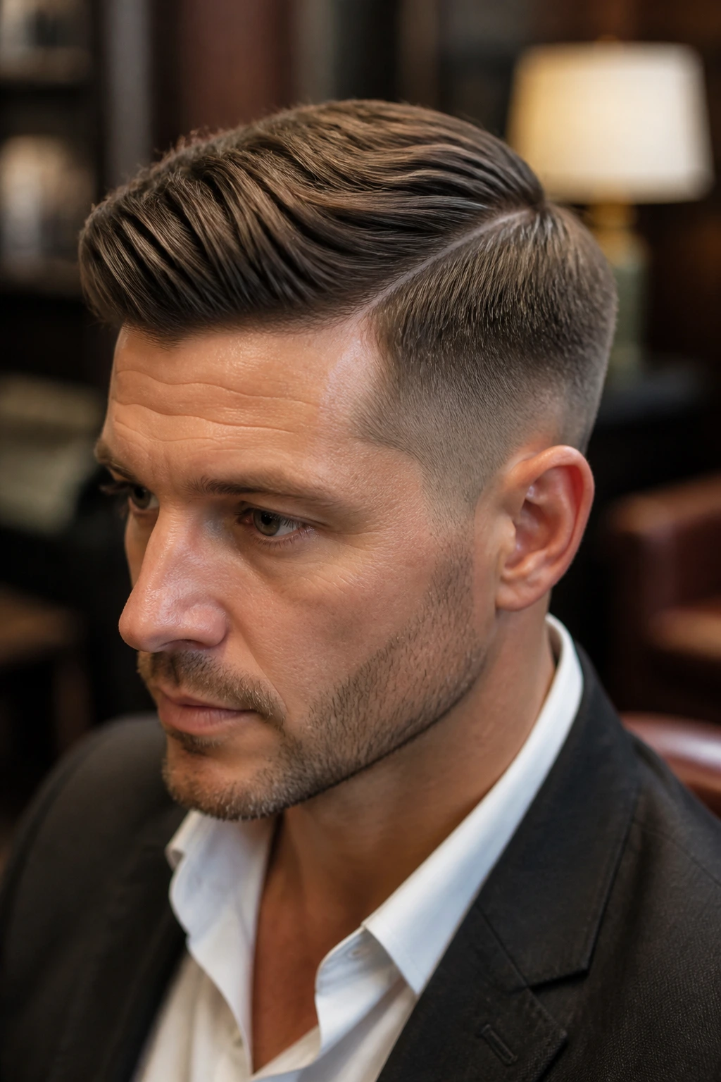 Close-up portrait of a real man with a hard part comb-over and layered top in a stylish lounge
