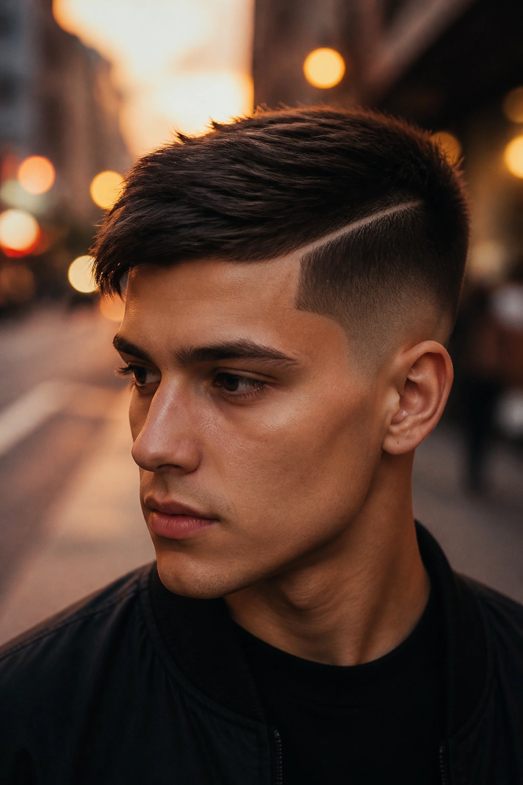 Close-up of a man showing a hard-part disconnected crop hairstyle