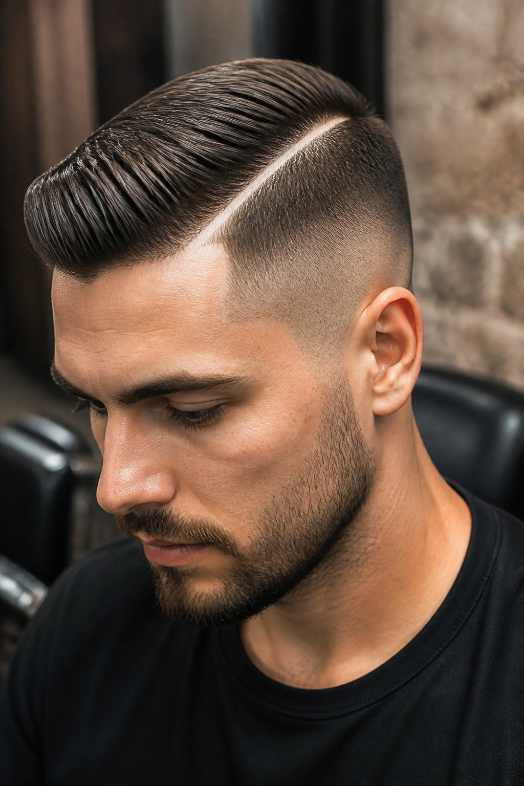 Close-up portrait of a man with a hard part hairstyle showing a shaved line