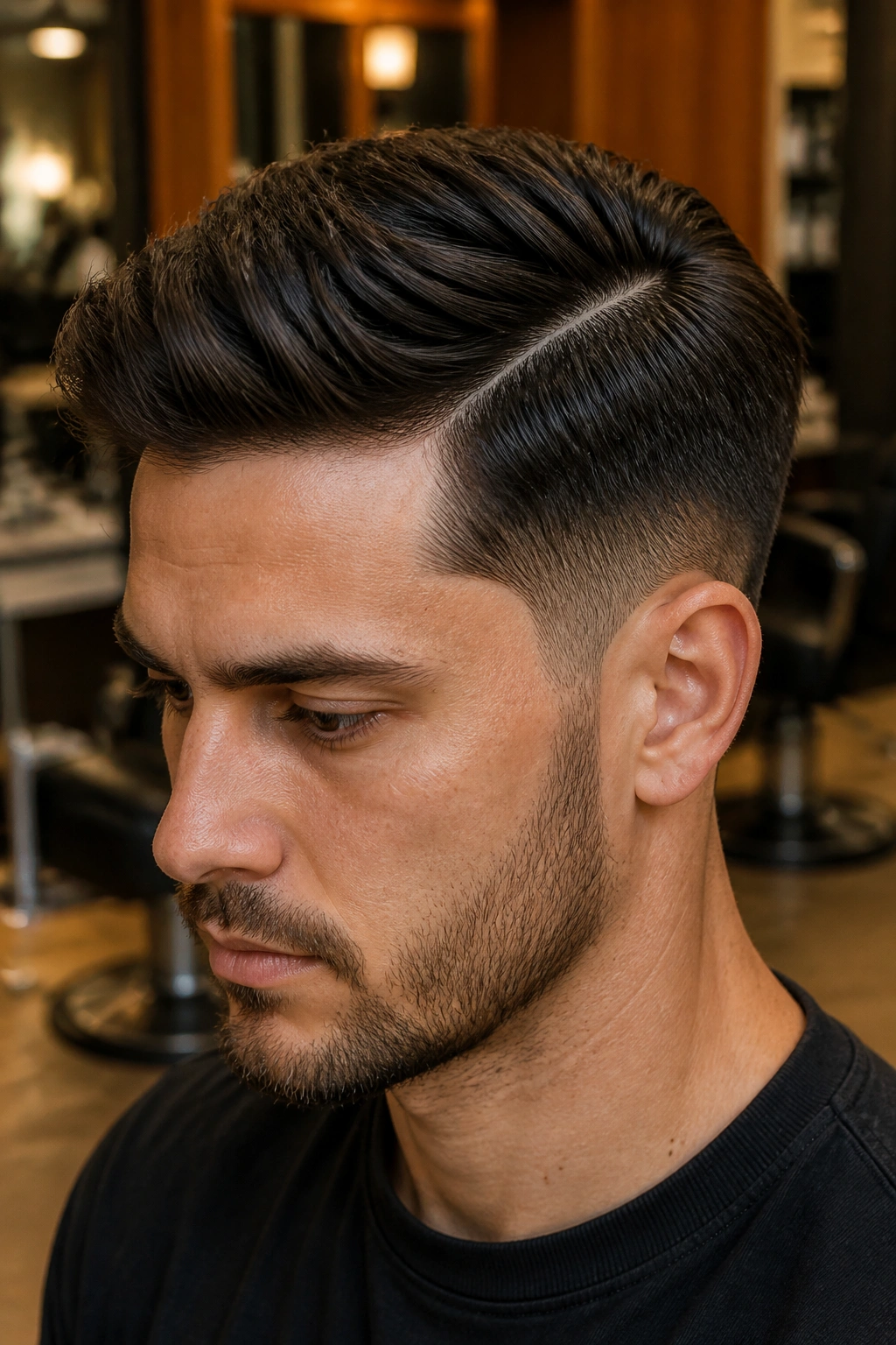 Man with a defined hard part and layered top, close-up portrait