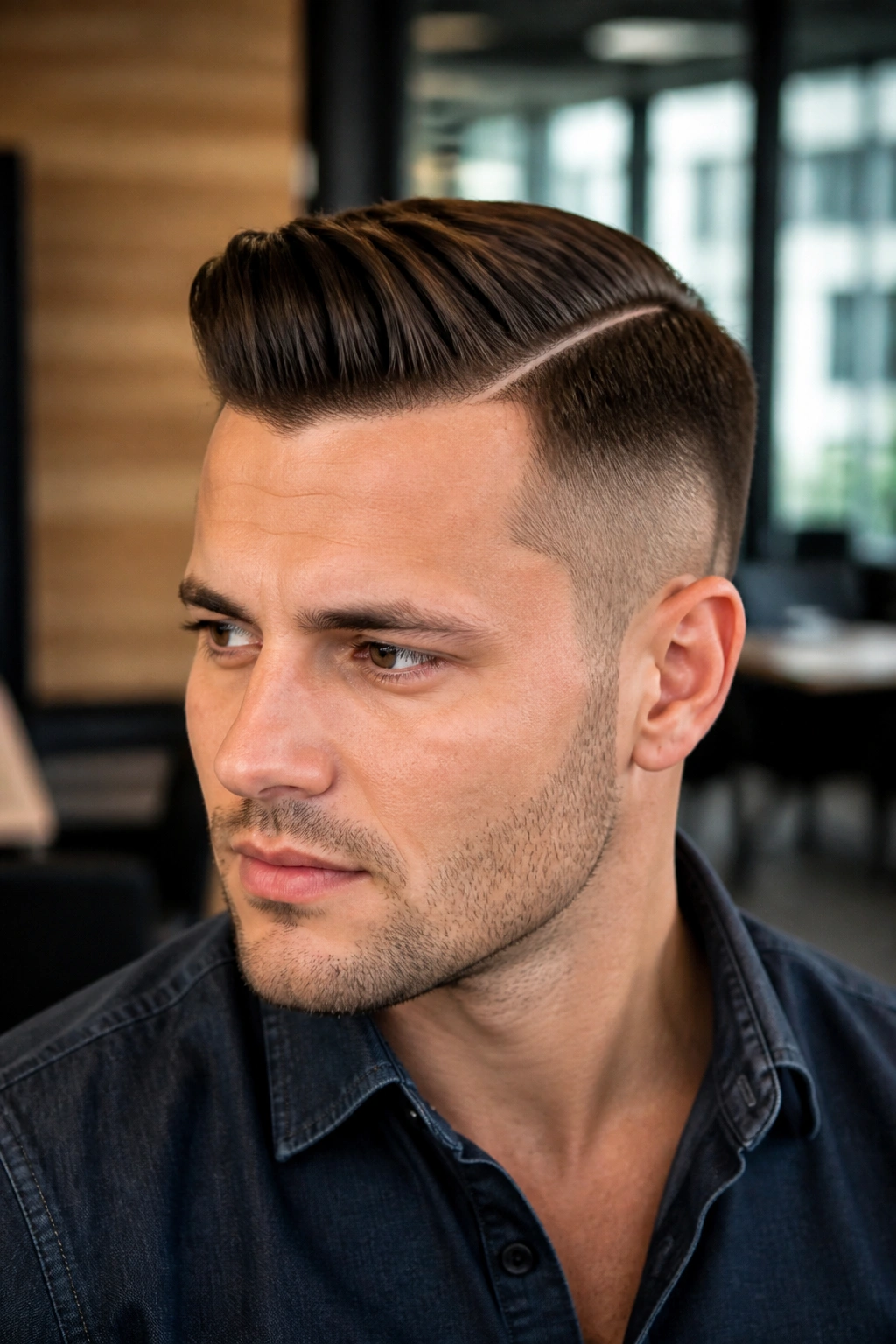 Close-up portrait of a real man with a hard part comb-over undercut