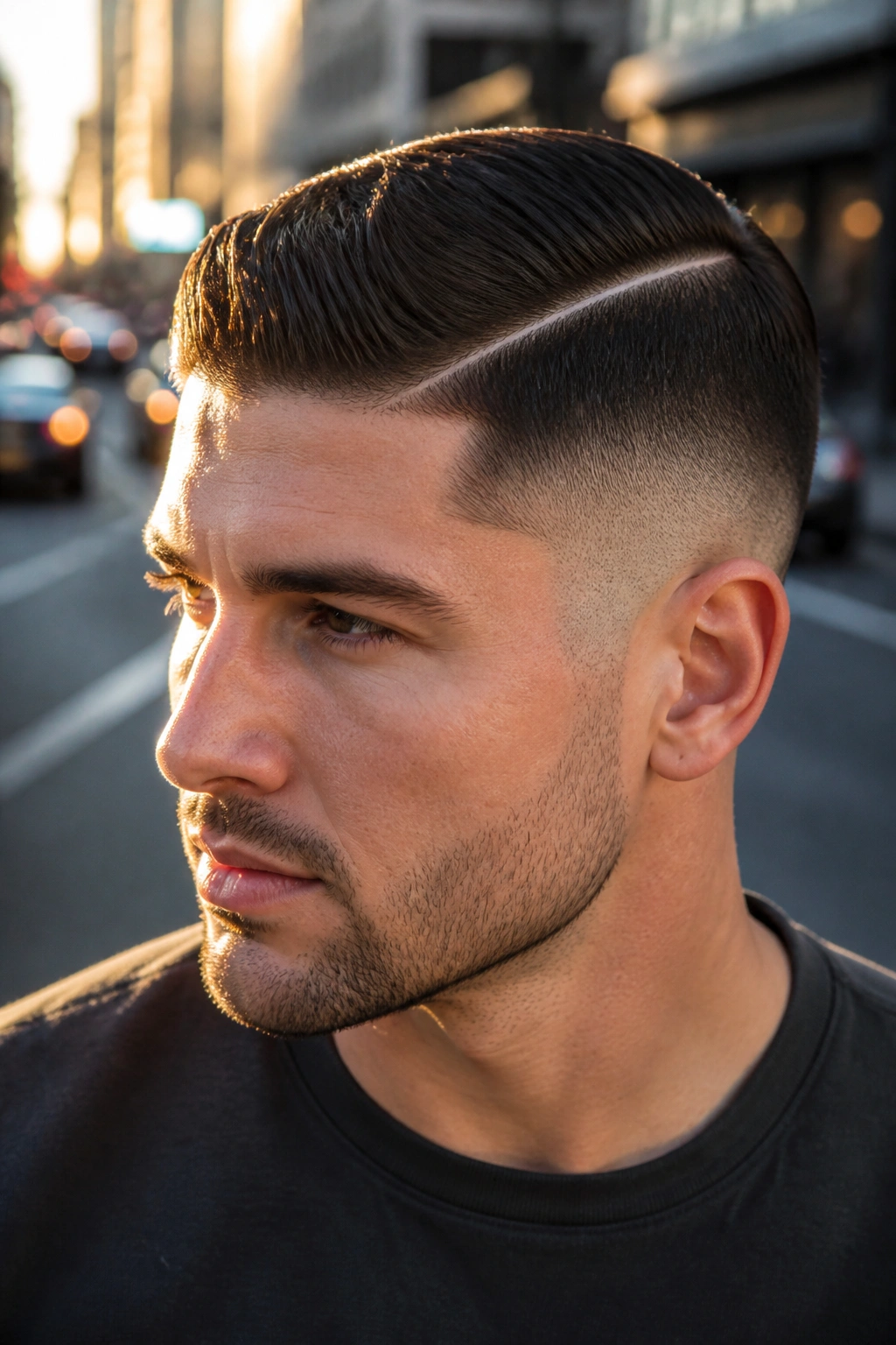 Portrait of a man with a hard part undercut showing a shaved part line