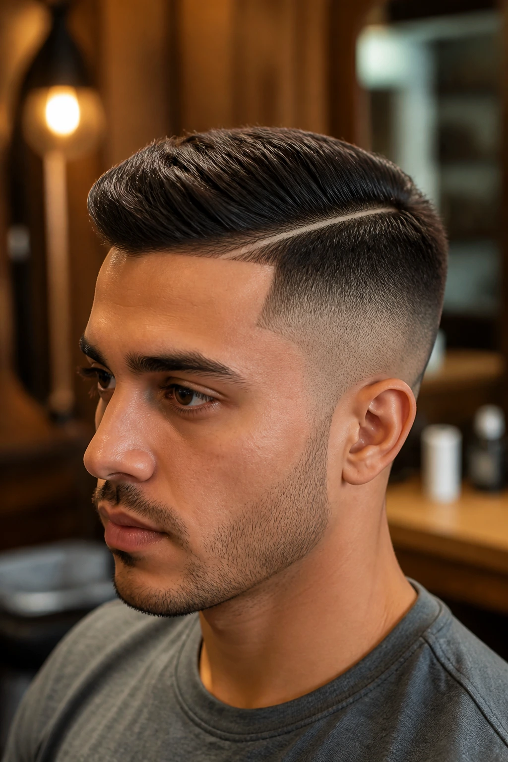 Portrait of a person with a crisp hard-part undercut and a defined part line.