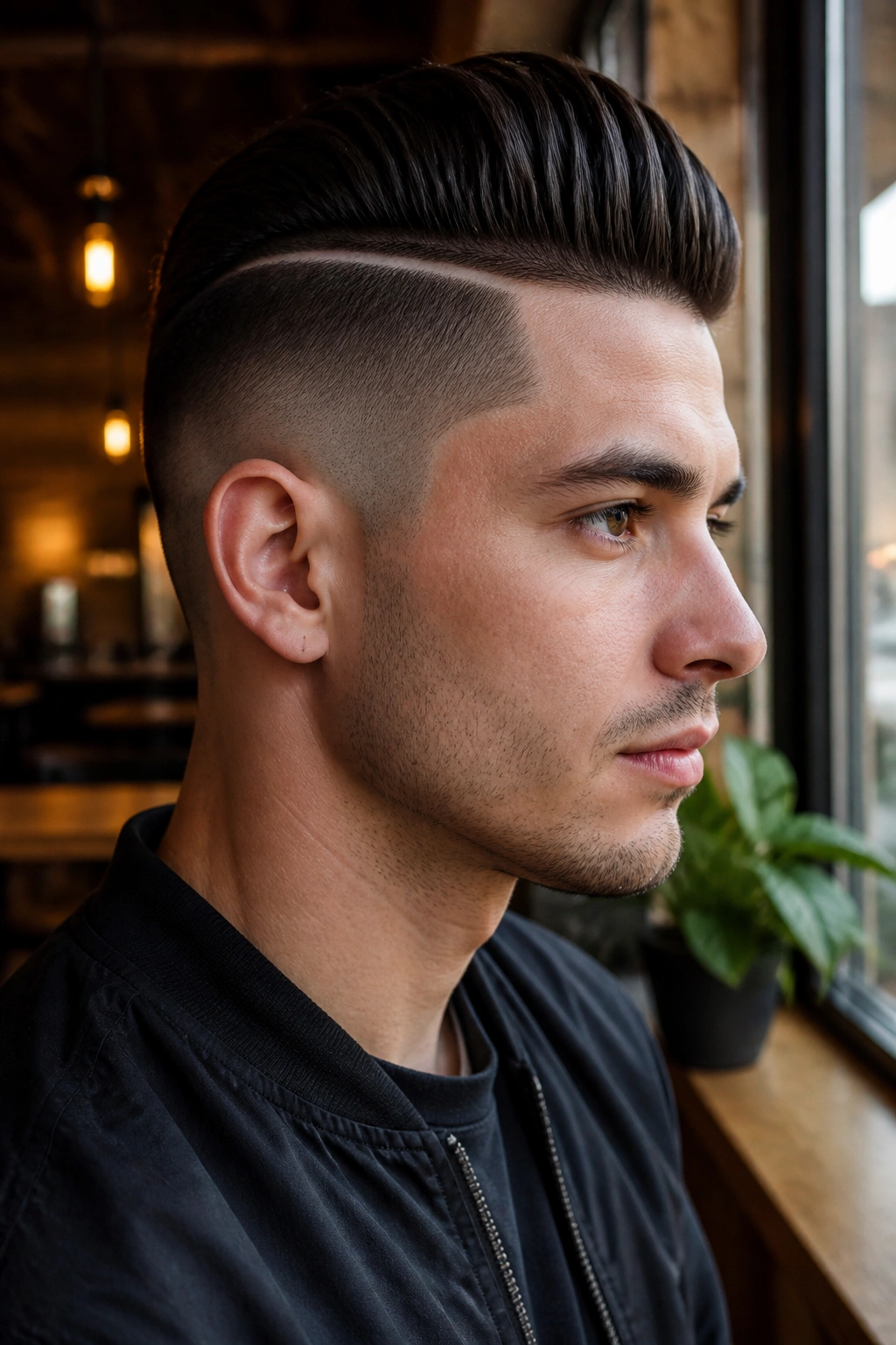 Close-up portrait of a person with a carved hard-part undercut and slicked-back top in a modern cafe
