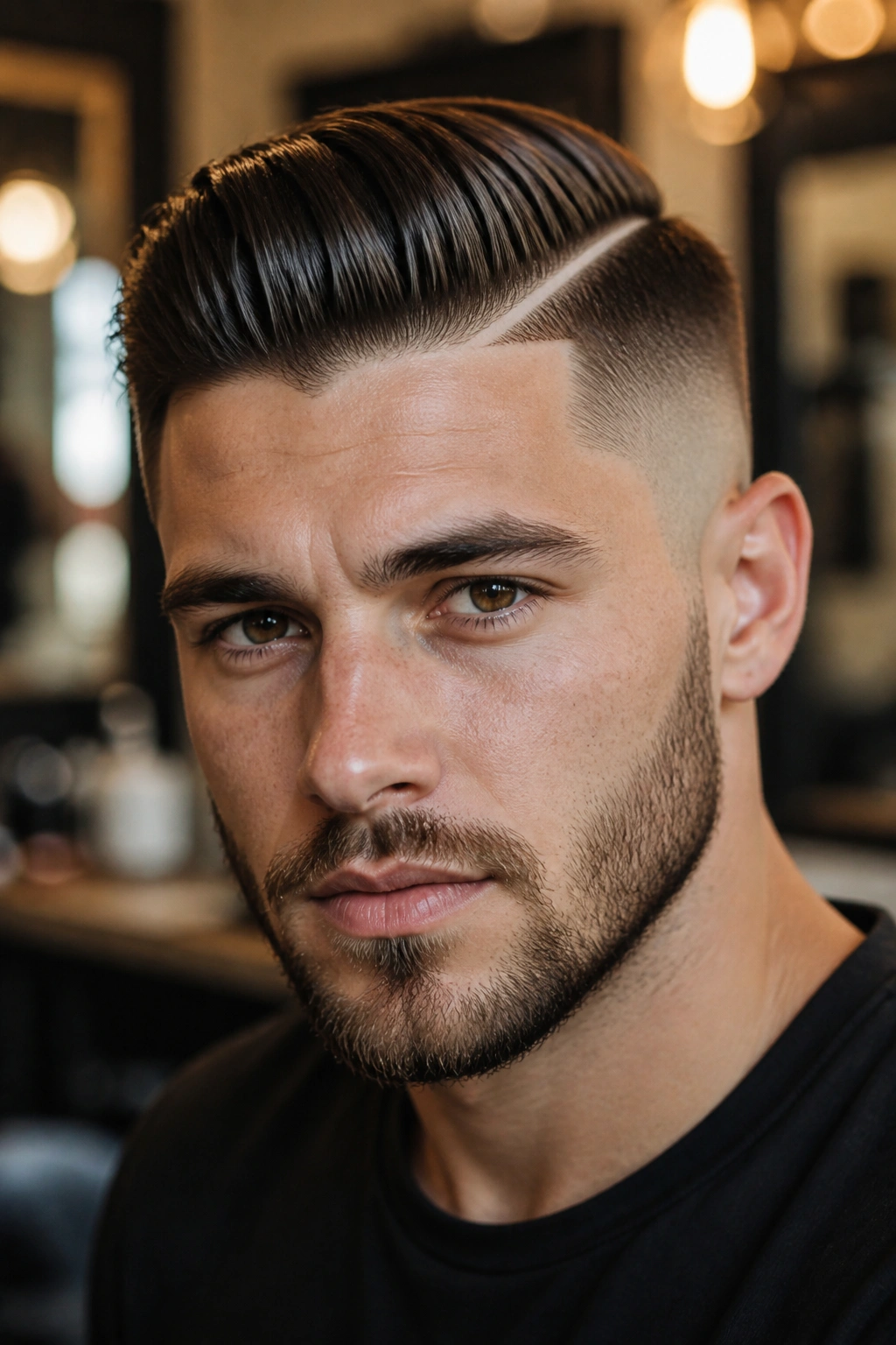 Close-up portrait of a man with a hard part undercut and a sharp carved part line