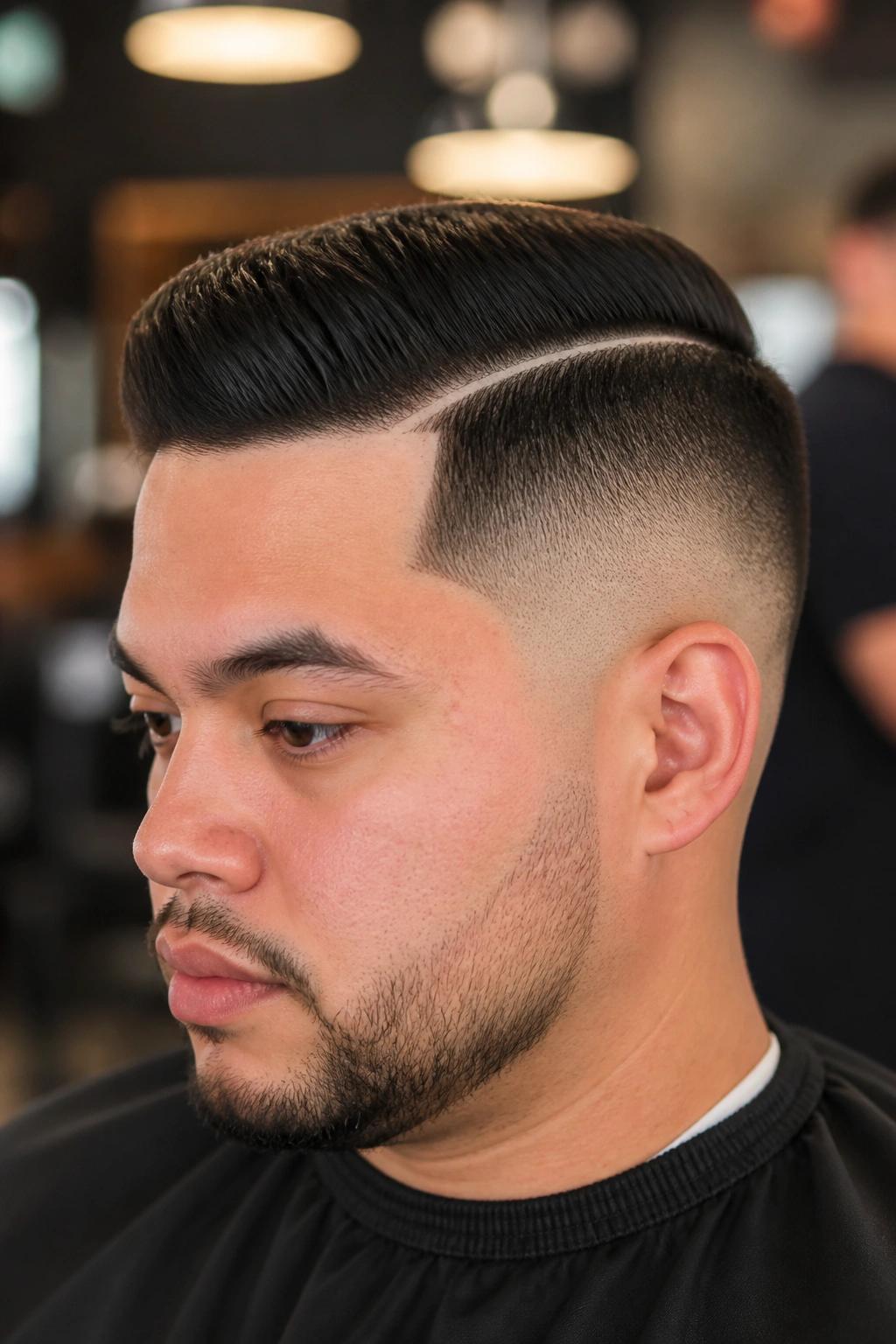 Close-up portrait of a man with a sharp hard-part undercut in a barber shop setting.