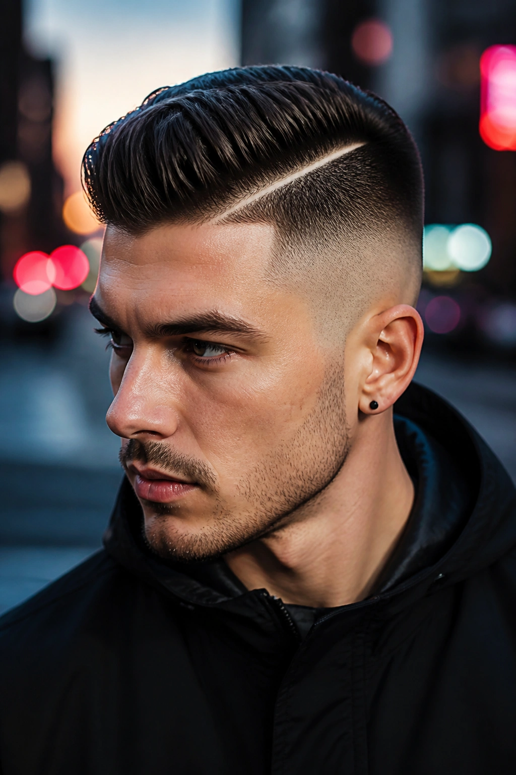 Close-up portrait of a man with a sharp hard-part undercut.